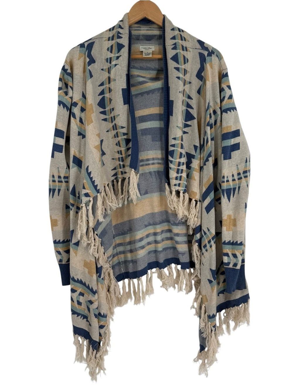 Tasha Polizzi Cardigan Sweater Size M Cotton Southwestern Aztec Fringed Blue